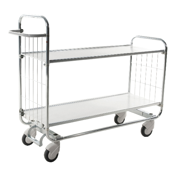 Bordwagen verzinkt mit 2 laminierten Böden 1195x470mm und vergitterten Stirnwänden und Bremse-Beschreibung lesen
