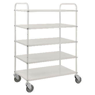 Etagenwagen mit 5 Böden 900x440mm pulverbeschichtet in weiß 24mm Rand mit Bremse-Beschreibung lesen