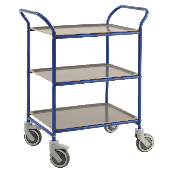Kongamek Tablettwagen 770x495x960mm blau pulverbeschichtet mit Bremse und 3 Tabletts in grau-Beschreibung lesen
