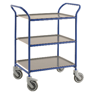 Kongamek Tablettwagen 770x495x960mm blau pulverbeschichtet mit Bremse und 3 Tabletts in grau-Beschreibung lesen