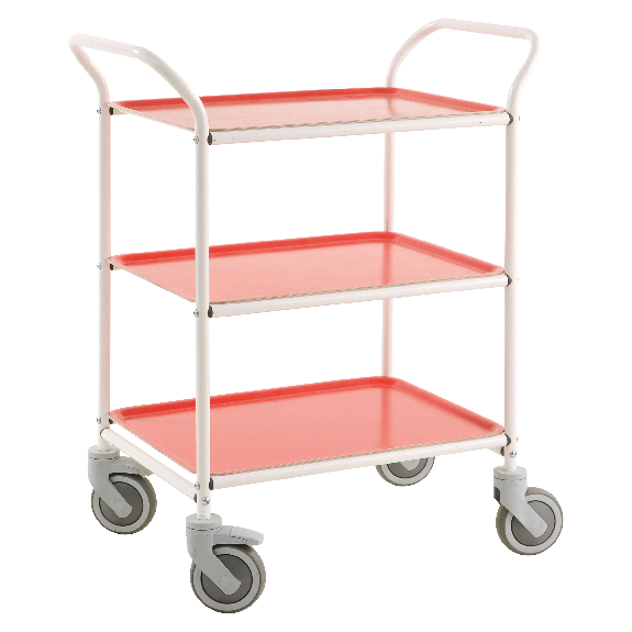 Kongamek Tablettwagen 770x495x960mm weiß pulverbeschichtet mit Bremse und 3 Tabletts in rot-Beschreibung lesen