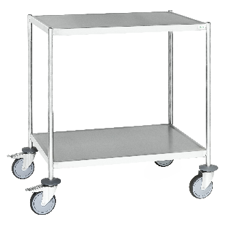 Edelstahl-Etagenwagen vollständig geschweißt, 2 Ladeflächen 625x415mm Gummibereifung rostfrei mit Bremse-Beschreibung lesen