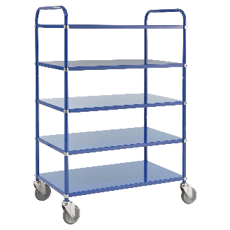 Etagenwagen mit 5 Böden 900x440mm pulverbeschichtet in blau 24mm Rand mit Bremse-Beschreibung lesen
