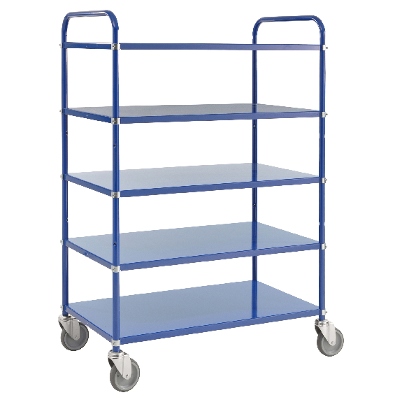 Etagenwagen mit 5 Böden 900x440mm pulverbeschichtet in blau 24mm Rand mit Bremse Etagenwagen mit 5 Böden 900x440mm pulverbeschichtet in blau 24mm Rand mit Bremse-Beschreibung lesen