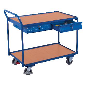 Tischwagen mit gebogenem Schiebegriff, 2 Schubladen und 2 Ladeflächen 985x595mm-Beschreibung lesen