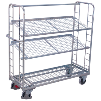 Etagenwagen mit vergitterten Seiten, Rohrschiebegriff und 2 neigbaren verzinkten Drahtgitterböden 1650x650mm-Beschreibung lesen
