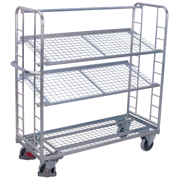 Etagenwagen mit vergitterten Seiten, Rohrschiebegriff und 2 neigbaren verzinkten Drahtgitterböden 1650x650mm Etagenwagen mit vergitterten Seiten, Rohrschiebegriff und 2 neigbaren verzinkten Drahtgitterböden 1650x650mm-Beschreibung lesen