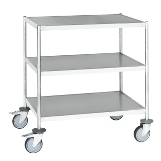 Edelstahl-Etagenwagen vollständig geschweißt, 3 Ladeflächen 800x550mm Gummibereifung rostfrei mit Bremse-Beschreibung lesen