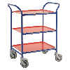 Kongamek Tablettwagen 770x495x960mm blau pulverbeschichtet mit Bremse und 3 Tabletts in rot