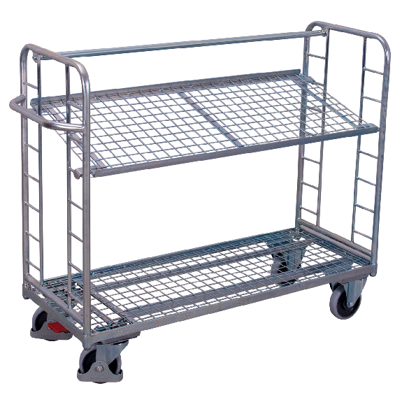 Etagenwagen mit vergitterten Seiten, Rohrschiebegriff und neigbarem verzinktem Drahtgitterboden 1650x650mm Etagenwagen mit vergitterten Seiten, Rohrschiebegriff und neigbarem verzinktem Drahtgitterboden 1650x650mm-Beschreibung lesen