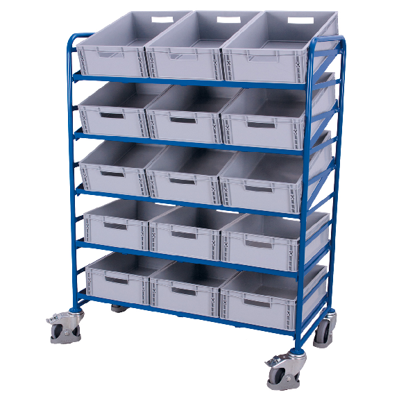 Eurokastenwagen mit 15 Kunststoffkisten und 5 Etagen 1240x610mm Eurokastenwagen mit 15 Kunststoffkisten und 5 Etagen 1240x610mm-Beschreibung lesen