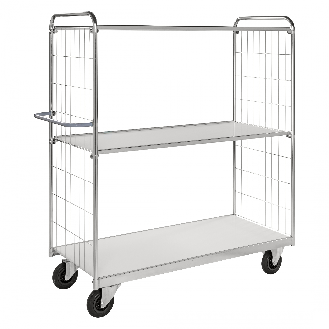 Bordwagen verzinkt mit 3 laminierten Böden 1200x600mm vergitterte Stirnwände mit Bremse-Beschreibung lesen