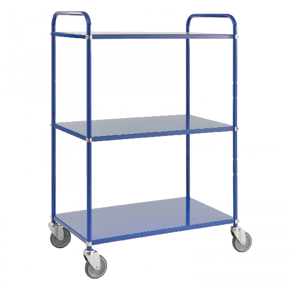 Etagenwagen mit 3 Böden 900x440mm pulverbeschichtet in blau 24mm Rand mit Bremse-Beschreibung lesen
