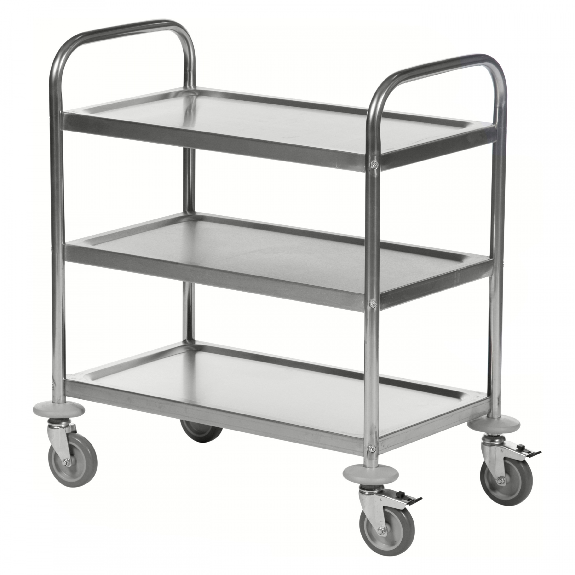 Kongamek Edelstahl- Tischwagen rostfrei mit 3 Böden 685x380mm mit Polyurethanbereifung und Bremse-Beschreibung lesen