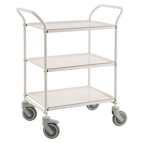 Kongamek Tablettwagen 770x495x960mm weiß pulverbeschichtet mit Bremse und 3 Tabletts in weiß-Beschreibung lesen