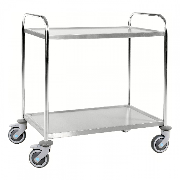Kongamek Edelstahl- Tischwagen rostfrei mit 2 Böden 825x500mm mit Gummibereifung und Bremse-Beschreibung lesen