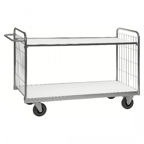 Bordwagen verzinkt mit 2 laminierten Böden 1400x600mm vergitterte Stirnwände mit Bremse Bordwagen verzinkt mit 2 laminierten Böden 1400x600mm vergitterte Stirnwände mit Bremse-Beschreibung lesen