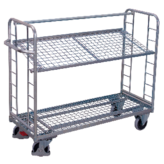 Etagenwagen mit vergitterten Seiten, Rohrschiebegriff und neigbarem verzinktem Drahtgitterboden 1355x550mm-Beschreibung lesen