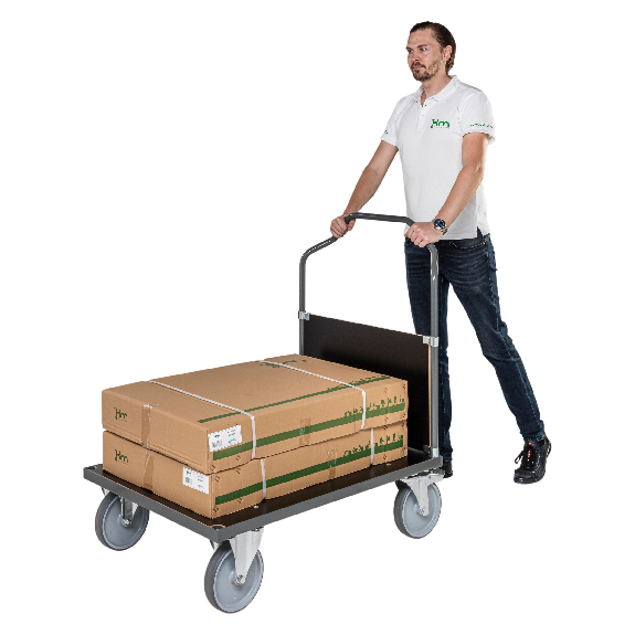 Ergonomischer Plattformwagen dunkelgrau 1290x800x1065 mit MDF-Platte und Schiebebügel Ergonomischer Plattformwagen dunkelgrau 1290x800x1065 mit MDF-Platte und Schiebebügel-Beschreibung lesen