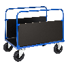 Plattformwagen in blau 1000x700x900mm mit MDF-Platte und 2 stirnseitigen Wänden mit Gummibereifung und Bremse