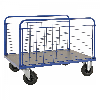 Plattformwagen in blau 1200x800x900mm mit MDF-Platte und 2 stirnseitigen Gitterwänden mit Gummibereifung