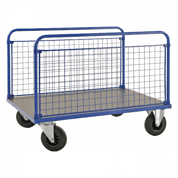 Plattformwagen in blau 1200x800x900mm mit MDF-Platte und 2 stirnseitigen Gitterwänden mit Gummibereifung Plattformwagen in blau 1200x800x900mm mit MDF-Platte und 2 stirnseitigen Gitterwänden mit Gummibereifung-Beschreibung lesen