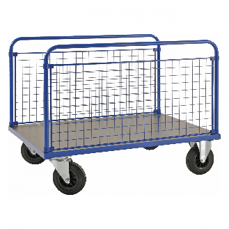 Plattformwagen in blau 1200x800x900mm mit MDF-Platte und 2 stirnseitigen Gitterwänden mit Gummibereifung und Bremse-Beschreibung lesen