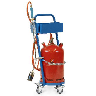 Fetra Stahlflaschenroller für 1 Propangasflasche 11 kg Inhalt,  Ø 300 mm Schrumpfpistolen und Anwärm/Abbflammbrenner Halterung-Beschreibung lesen