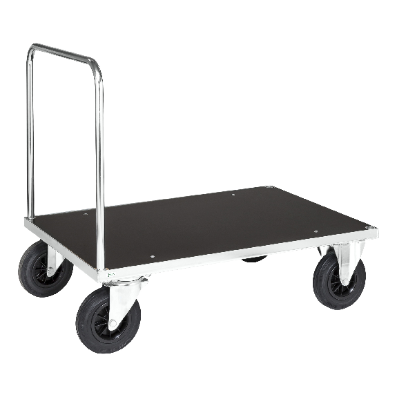 Kongamek Plattformwagen, verzinkt 1200x800x900mm mit MDF-Platte, offenem Schiebegriff und Gummibereifung ohne Bremse-Beschreibung lesen
