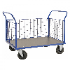 Plattformwagen in blau 1366x800x1020mm mit MDF-Platte und 3 Gitterwänden mit Gummibereifung ohne Bremse