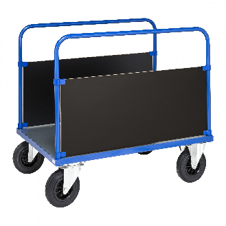 Plattformwagen in blau 1000x700x900mm mit verzinkter Ladefläche und 2 stirnseitigen Wänden mit Gummibereifung und Bremse-Beschreibung lesen