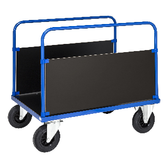 Plattformwagen in blau 1200x800x900mm mit MDF-Platte und 2 stirnseitigen Wänden mit Gummibereifung und Bremse-Beschreibung lesen