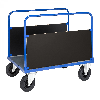 Plattformwagen in blau 1200x800x900mm mit verzinkter Ladefläche und 2 stirnseitigen Wänden mit Gummibereifung und Bremse