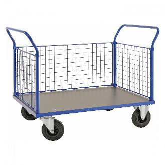 Plattformwagen in blau 1166x700x1020mm mit MDF-Platte und 3 Gitterwänden mit Gummibereifung und Bremse-Beschreibung lesen