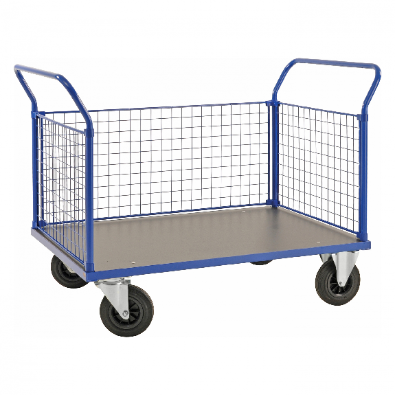 Plattformwagen in blau 1166x700x1020mm mit MDF-Platte und 3 Gitterwänden mit Gummibereifung und Bremse Plattformwagen in blau 1166x700x1020mm mit MDF-Platte und 3 Gitterwänden mit Gummibereifung und Bremse-Beschreibung lesen