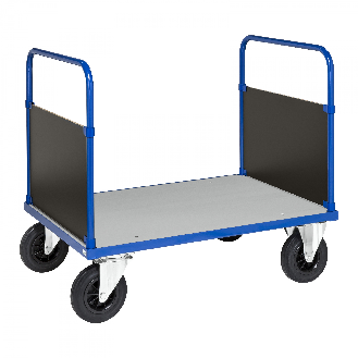 Plattformwagen in blau 1000x700x900mm mit verzinkter Ladefläche, 2 Seitenwänden, Gummibereifung und Bremse-Beschreibung lesen
