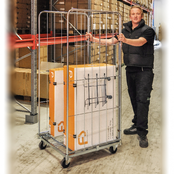 Kongamek Rollcontainer verzinkt 1200x800x1800mm mit 3 Gitterwänden mit Bremse-Beschreibung lesen