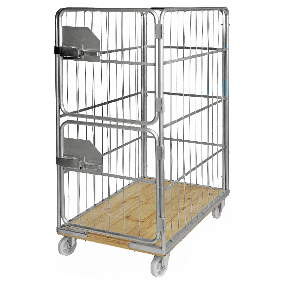 Kongamek Rollcontainer verzinkt 1200x750x1700mm mit Holzboden, 4 Gitterwänden 100x380mm und 2 halb öffnende Türen und Bremse-Beschreibung lesen