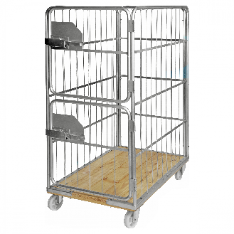 Kongamek Rollcontainer verzinkt 1200x750x1700mm mit Holzboden, 4 Gitterwänden 100x380mm und 2 halb öffnende Türen und Bremse-Beschreibung lesen
