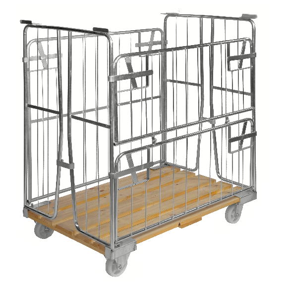 Kongamek Rollcontainer verzinkt 1200x800x1420mm mit Holzboden, 4 Gitterwänden und 1 Tür in der Hälfte zu öffnen ohne Bremse-Beschreibung lesen
