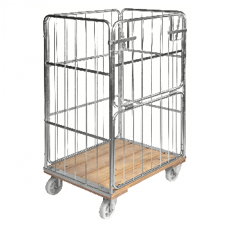 Kongamek Rollcontainer verzinkt 845x630x1390mm mit Holzboden, 4 Gitterwänden, 1 Tür in der Hälfte zu öffnen und Bremse-Beschreibung lesen
