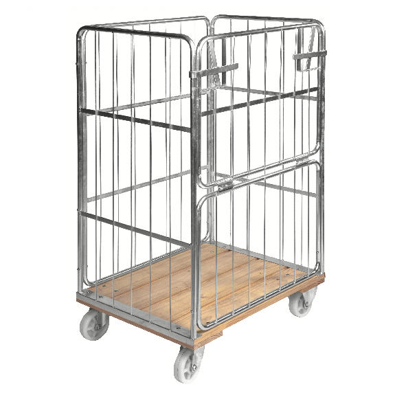 Kongamek Rollcontainer verzinkt 845x630x1390mm mit Holzboden, 4 Gitterwänden, 1 Tür in der Hälfte zu öffnen und Bremse-Beschreibung lesen