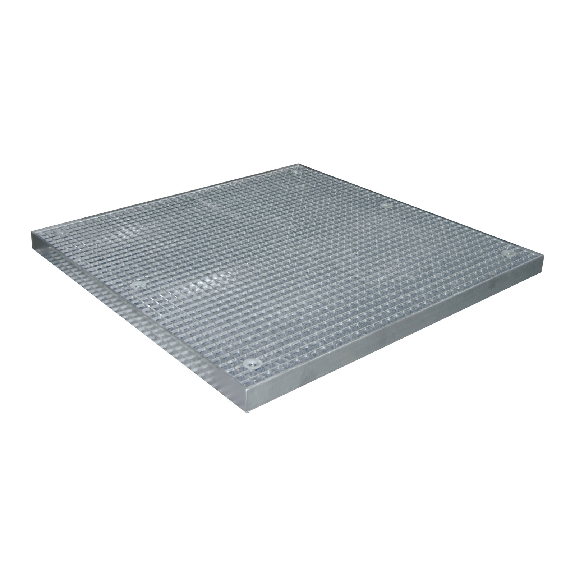 Vasca di contenimento per fuoriuscite pesanti con grigliato zincato, capacità 82L, dimensioni 1350x1350x78mm-Leggi tutto