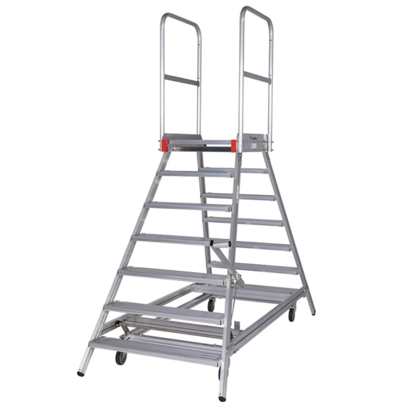 Euroline Premium 516 Mobile Podesttreppe beidseitig begehbar mit Zentralfeststellung fahrbar 7 Stufen-Beschreibung lesen