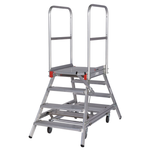 Euroline Premium 516 Mobile Podesttreppe beidseitig begehbar mit Zentralfeststellung fahrbar 4 Stufen-Beschreibung lesen