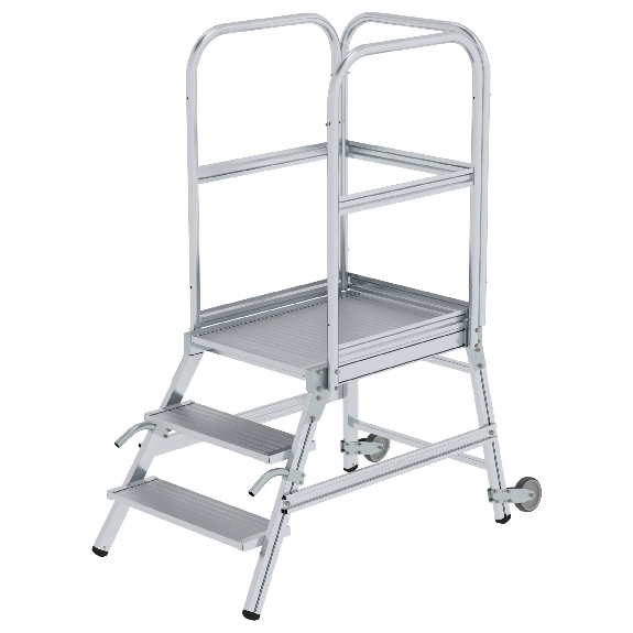 Podestleiter aus Aluminium mit Rollen und Griff, 3 Stufen-Beschreibung lesen