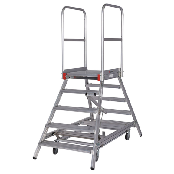 Euroline Premium 516 Mobile Podesttreppe beidseitig begehbar mit Zentralfeststellung fahrbar 5 Stufen-Beschreibung lesen
