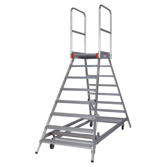 Euroline Premium 516 Mobile Podesttreppe beidseitig begehbar mit Zentralfeststellung fahrbar 8 Stufen-Beschreibung lesen
