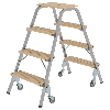 Trittleiter aus Stahl und Holz mit Bremsrollen, 4 Stufen