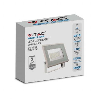 VT-4934-W Faro led floodlight 30W SMD 85LM/W 110° bianco freddo 6400K slim alluminio bianco IP65 - SKU 6748-Leggi tutto